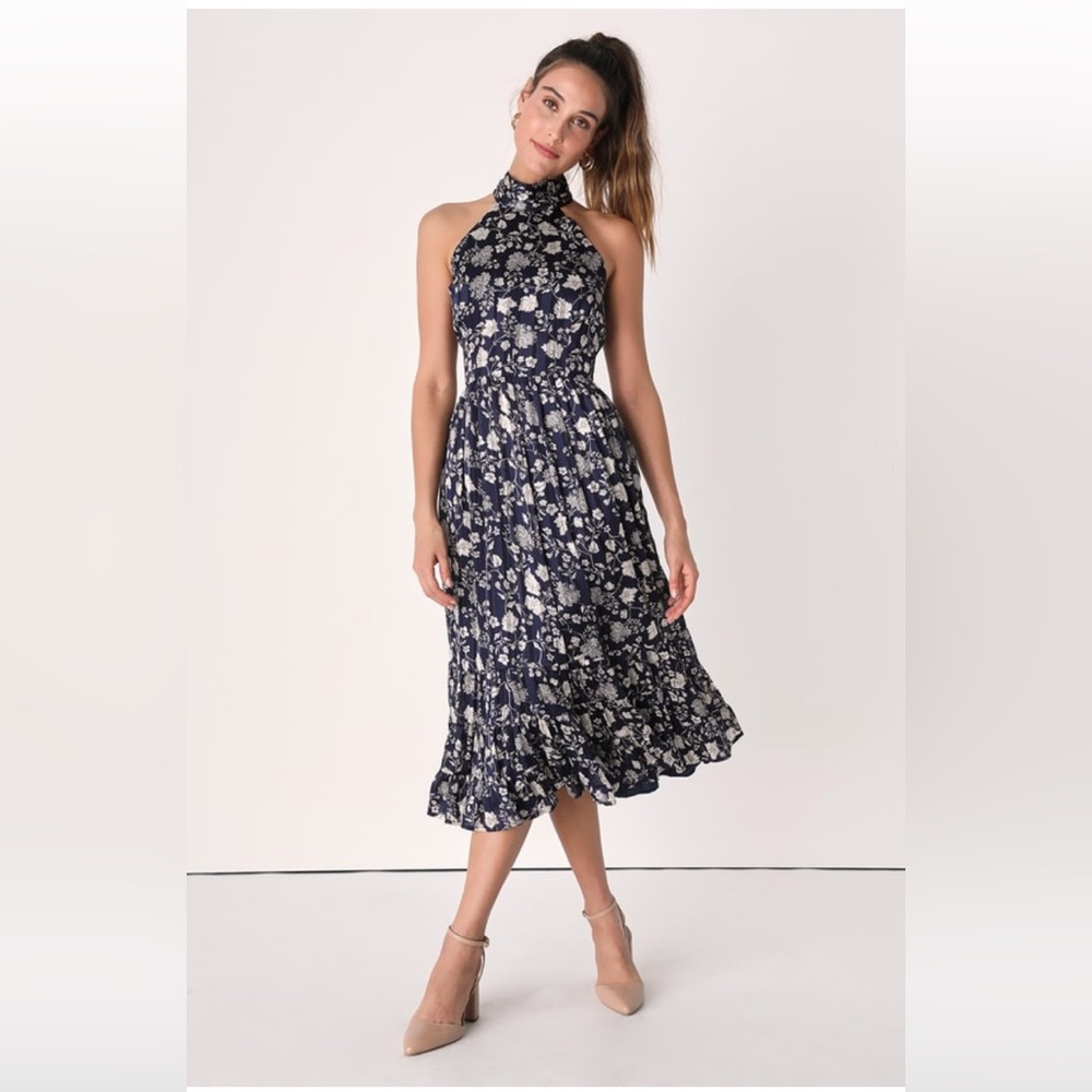 LULU’S Brunch Bound Navy Blue Floral Print Halter Midi Dress SIZE M